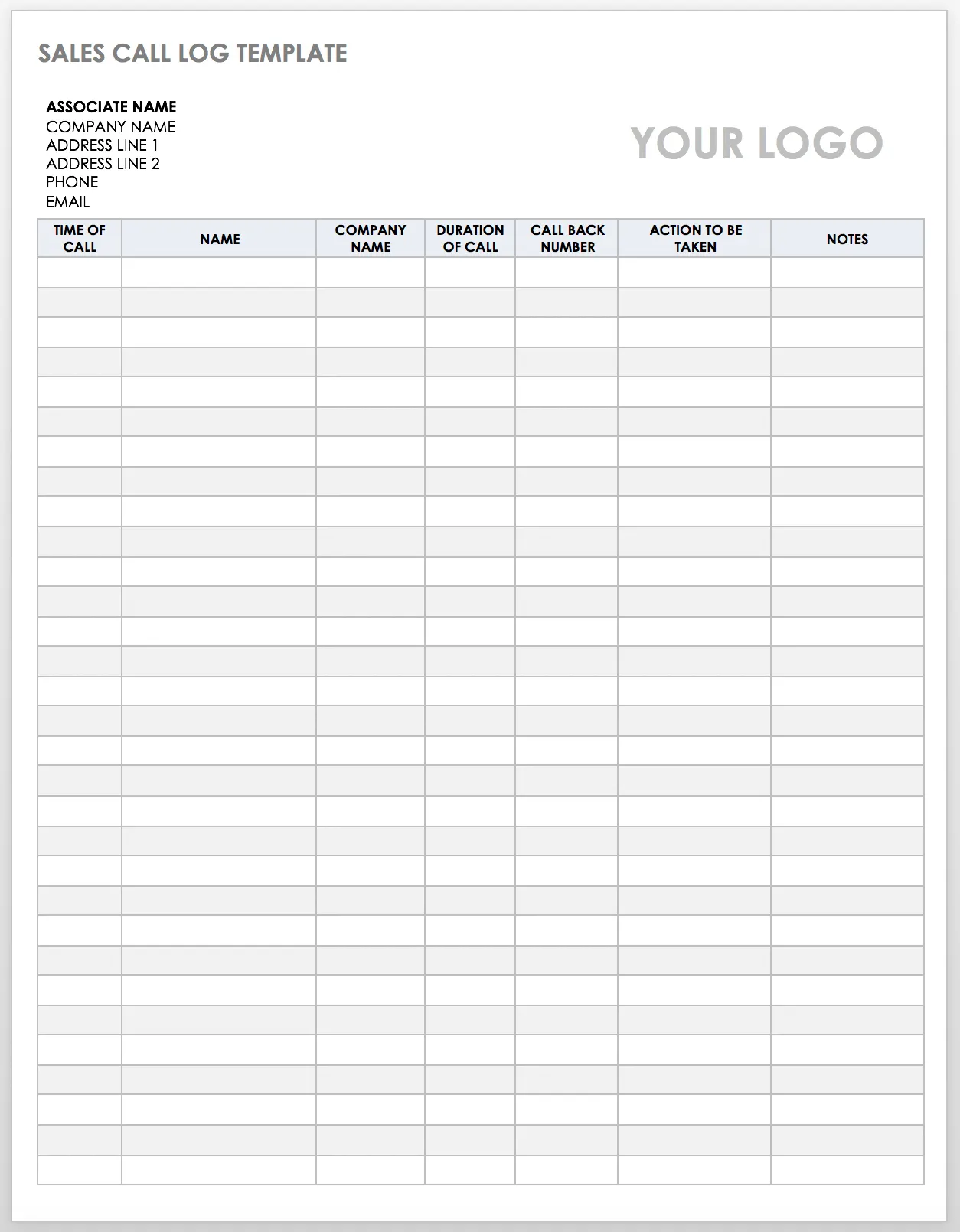 Sales call log template with columns for client name, company, call duration, and follow-up actions