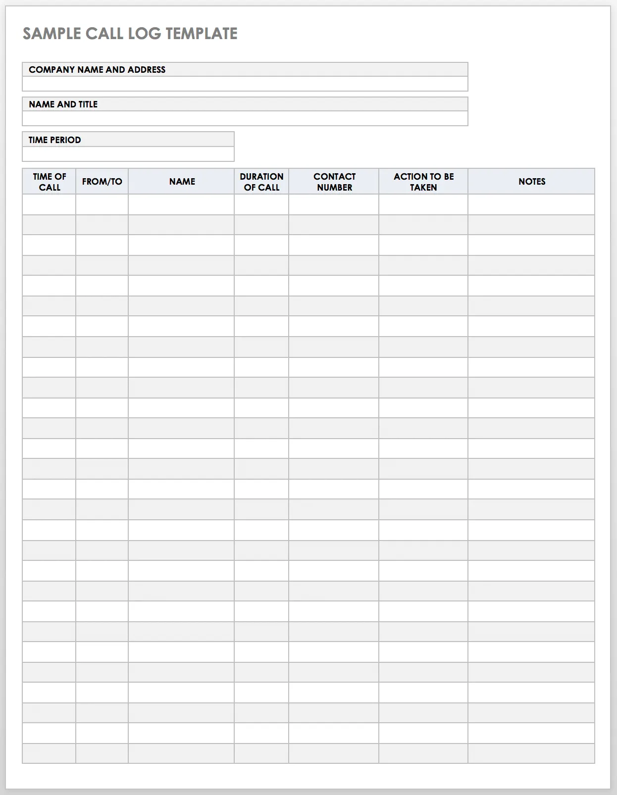 Sample call log template with fields for lead status, call duration, and CRM next steps