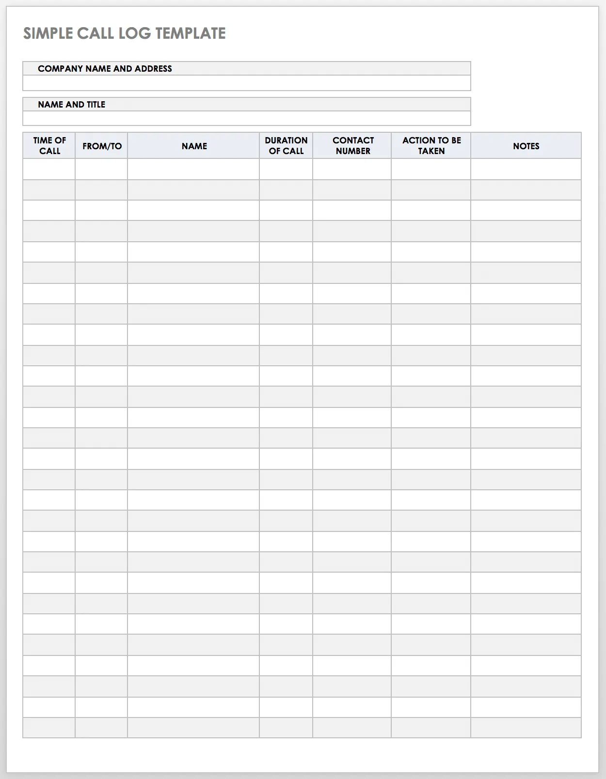 Simple call log template with fields for date, time, caller name, and action items