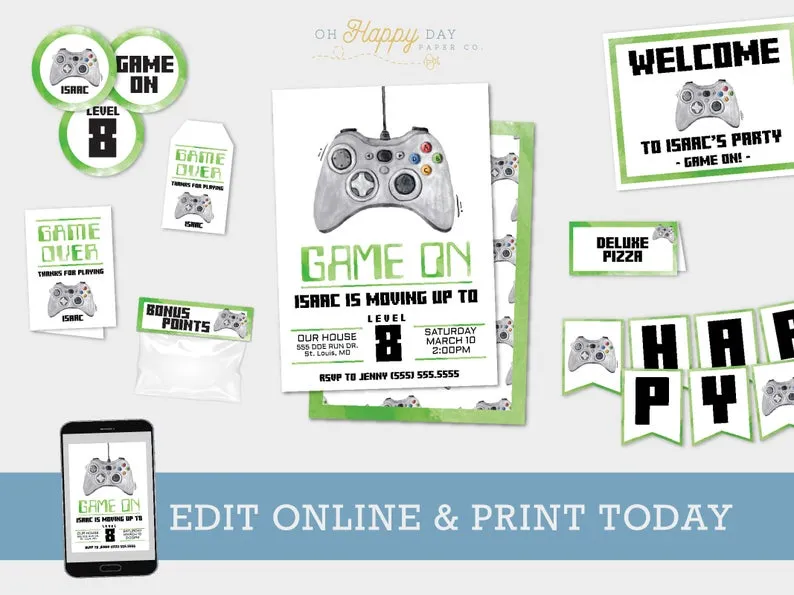 Editable gaming birthday party invitation bundle with customizable design elements