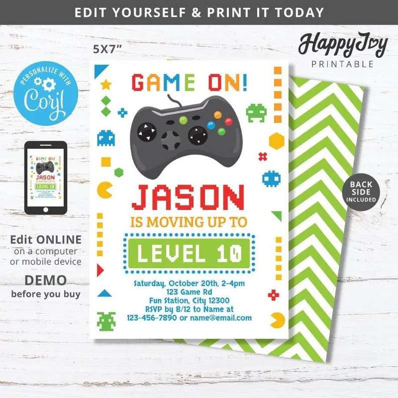 Pixel-style gaming party invitation with retro 8-bit inspired design