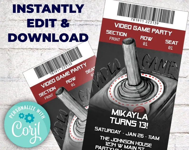 Video game party invitation featuring controller and bus-themed gaming design