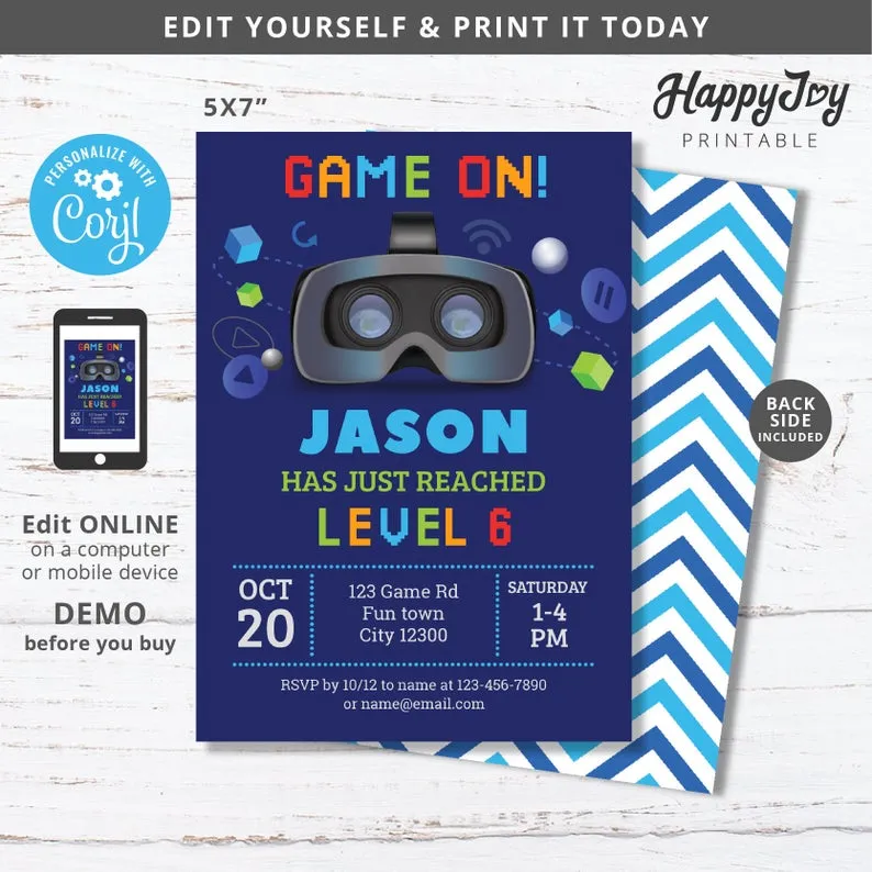 VR gaming party invitation design with immersive birthday celebration theme