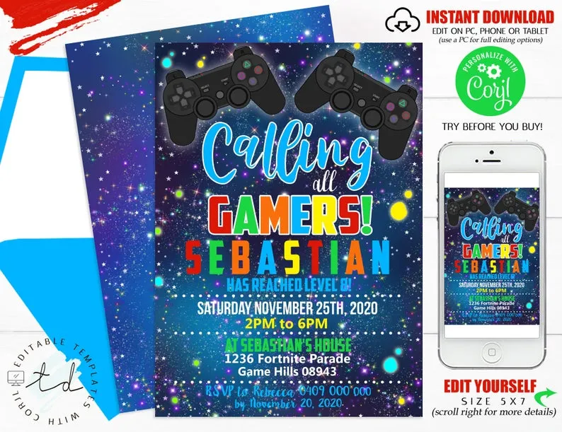 Colorful video game birthday invitation template design for kids gaming party