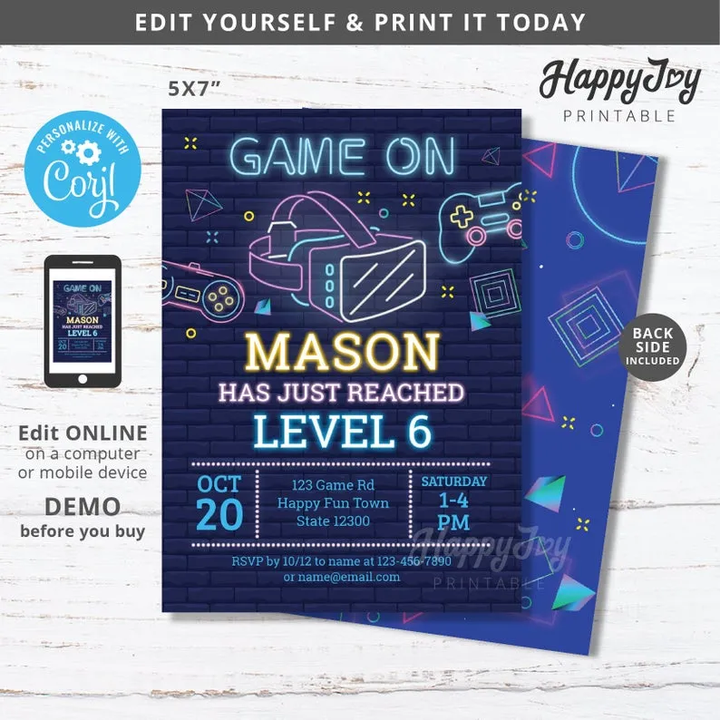 VR gaming birthday invitation with neon blue futuristic design for kids party
