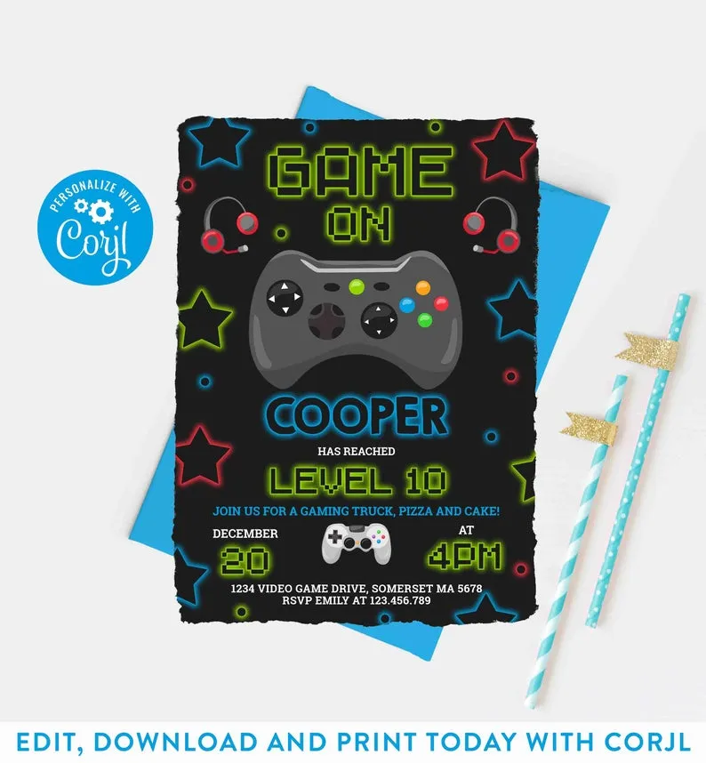 Gaming invitation template editing interface for birthday party customization