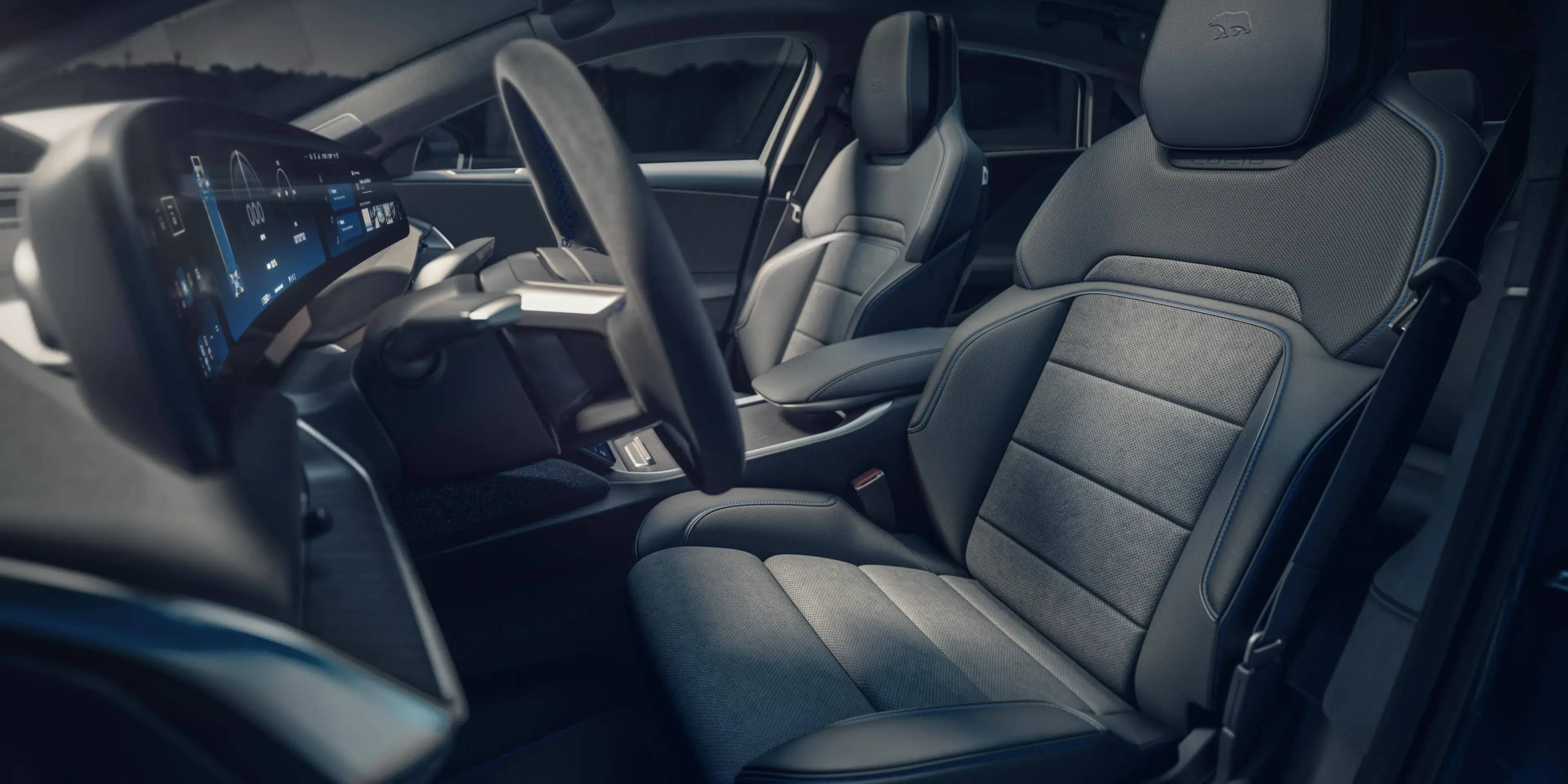 The Lucid Air Sapphire's interior, featuring premium leather seats with Sapphire Blue stitching and Alcantara accents