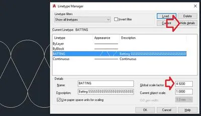 Linetype Manager in AutoCAD LT showing the Global Scale Factor setting
