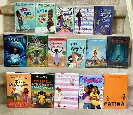 A vibrant display of middle grade fiction books for young readers