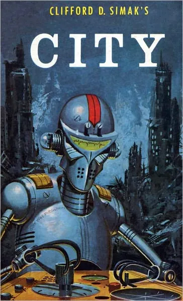 Futuristic city landscape connected to themes of intelligent dogs and science fiction storytelling