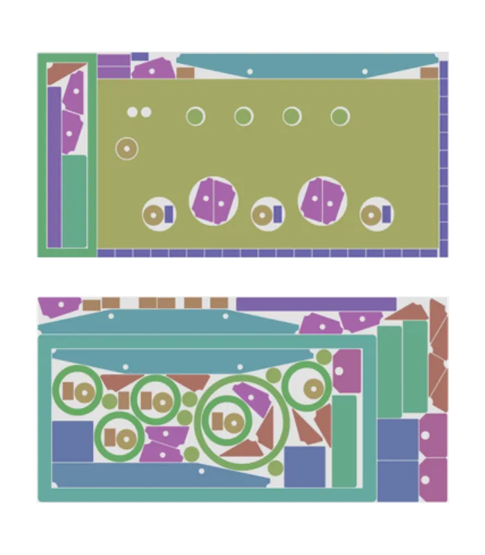 Optimized sheet nesting layout with multiple parts arranged to minimize material waste