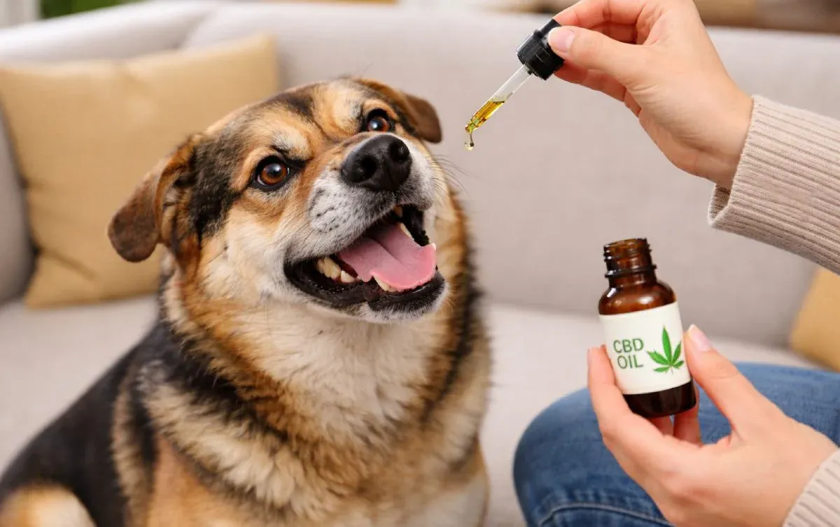 A dog owner administering CBD oil to their pet at home