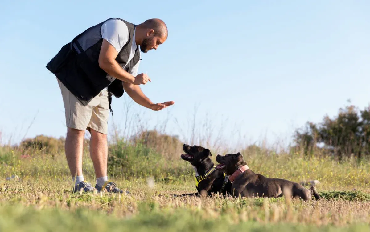 A dog owner training their pet in a calm environment