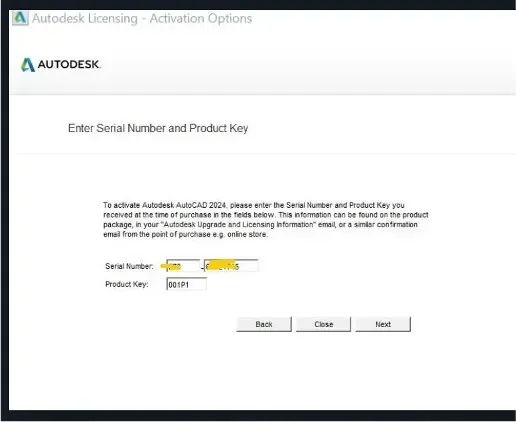 AutoCAD LT activation screen prompting serial number entry