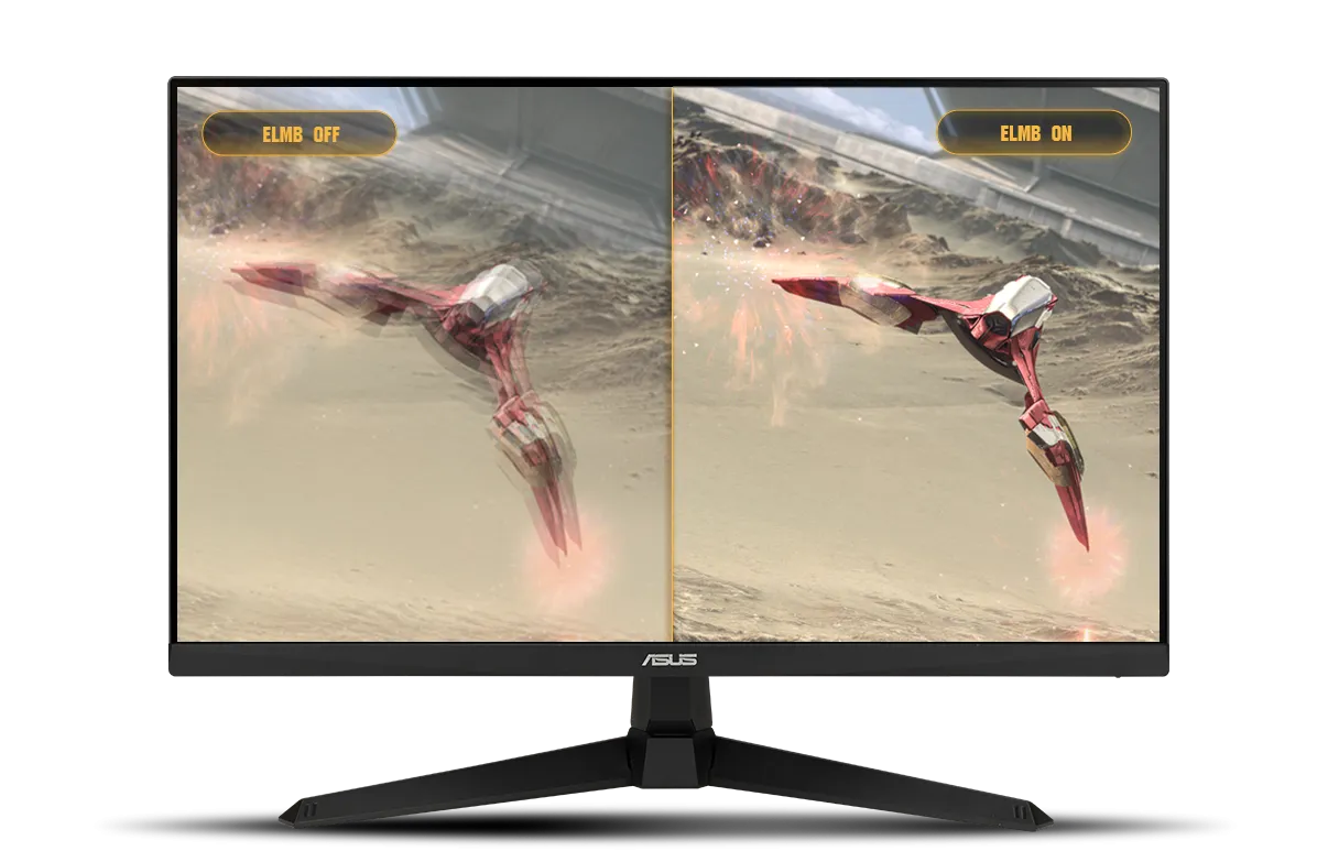 ELMB technology demonstration showing reduced motion blur in fast-paced gameplay