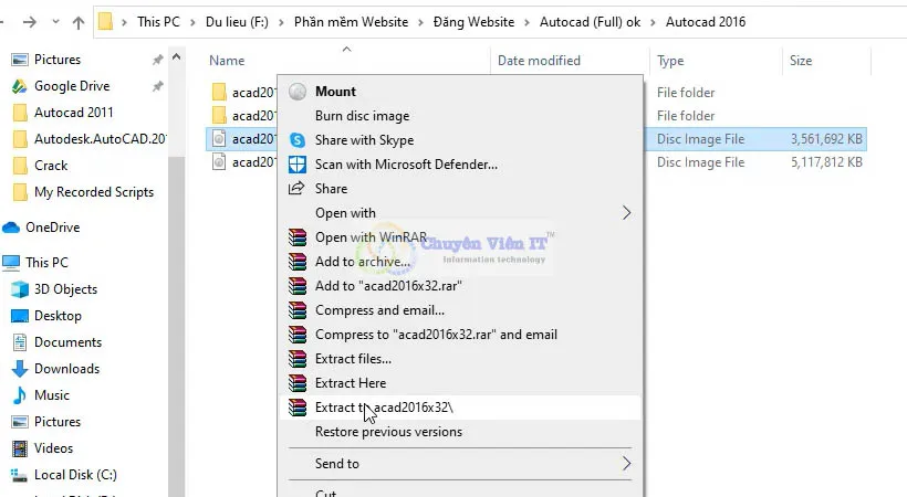 Extracting the AutoCAD 2016 installation archive using WinRAR