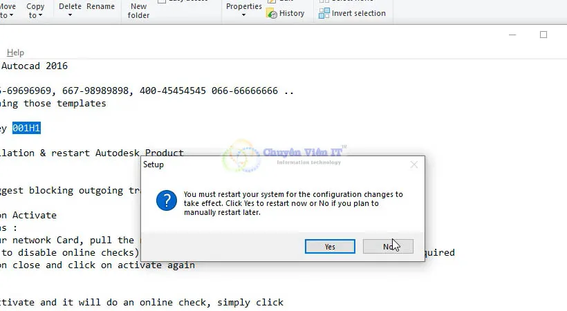 AutoCAD 2016 restart prompt with No option selected to complete setup