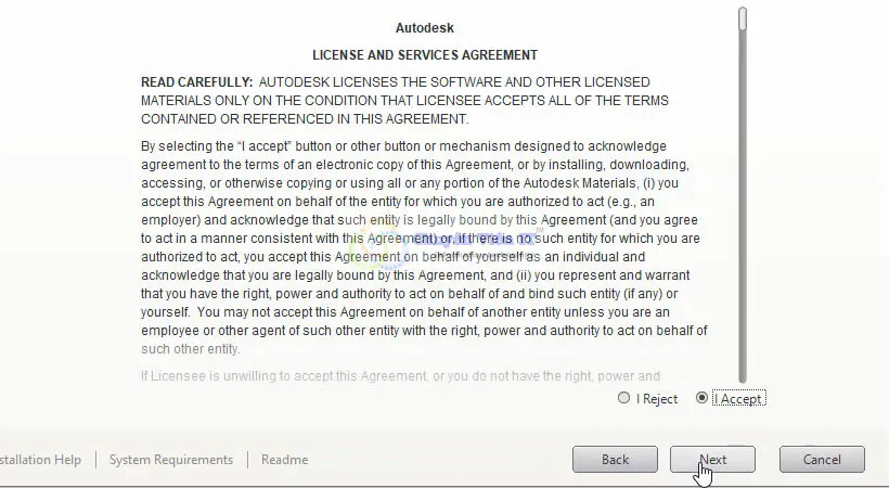 AutoCAD 2016 license agreement screen with I Accept checkbox