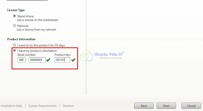 AutoCAD 2016 product information screen showing serial number and product key fields