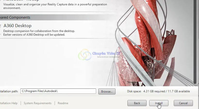AutoCAD 2016 component selection screen before final installation begins
