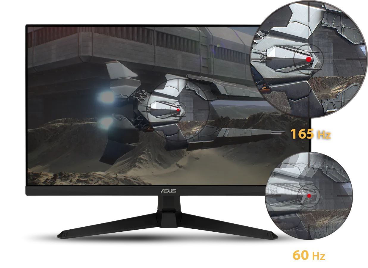 Comparison between 165Hz and 60Hz refresh rate showing smoother motion clarity
