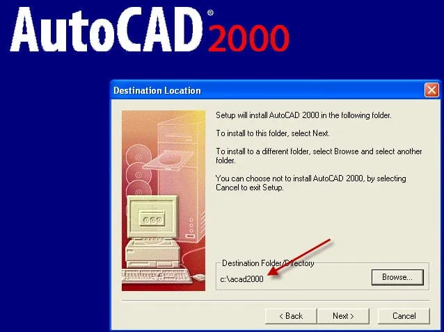 Setting AutoCAD 2000 custom install directory to c:acad2000
