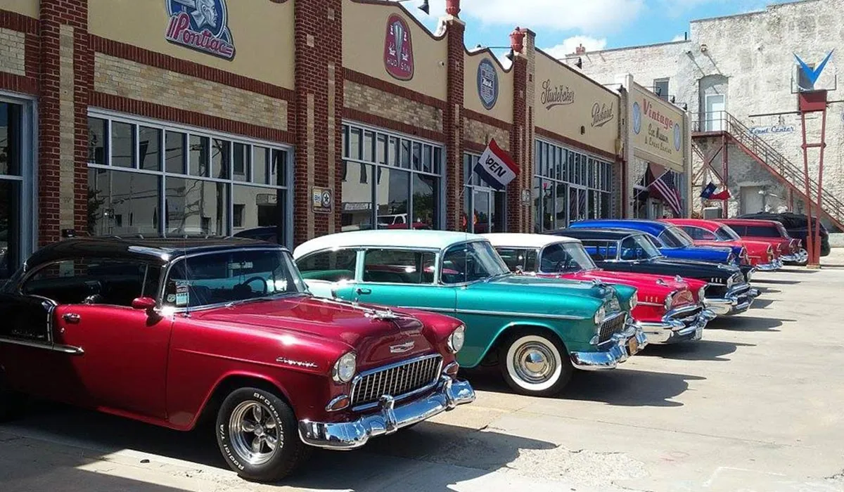 Exterior view of the Vintage Car Museum and Event Center along Fort Worth Highway in Weatherford Texas