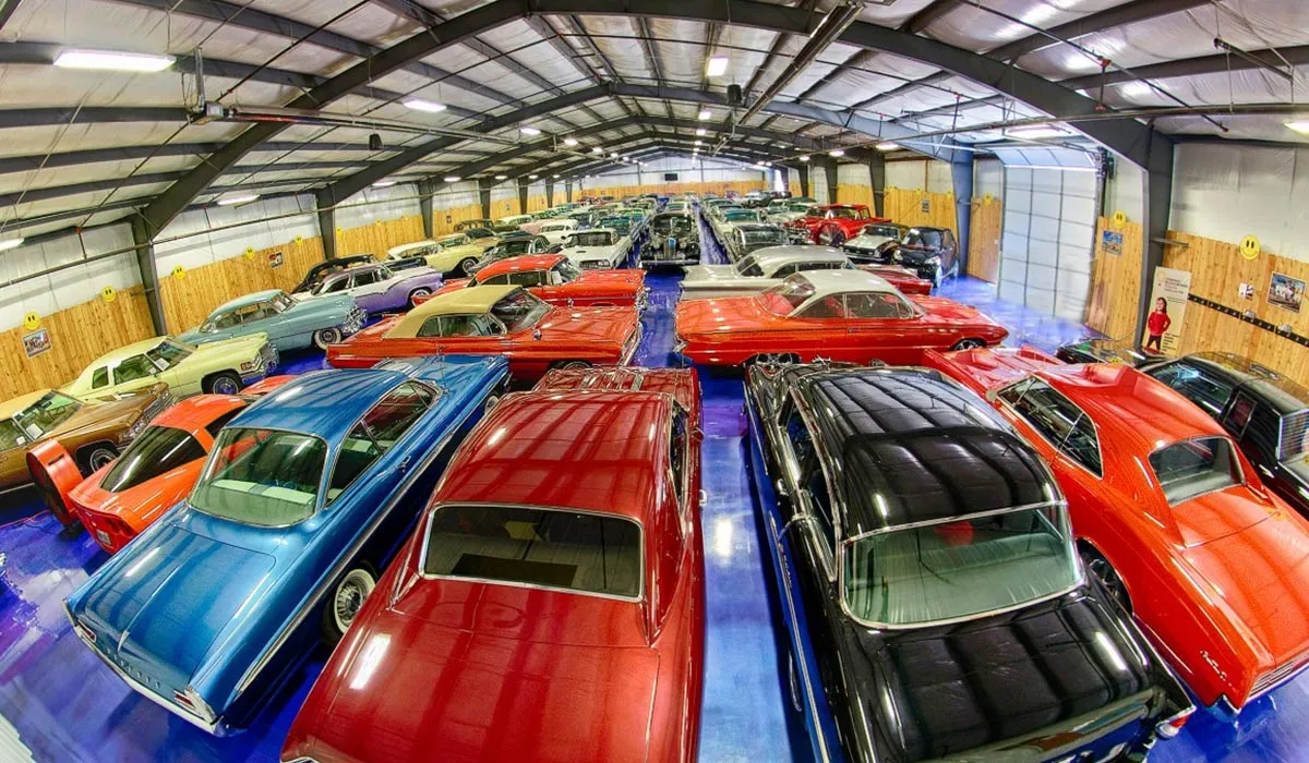Rows of classic American cars at Bill's Backyard Classics museum just south of Route 66 in Amarillo Texas