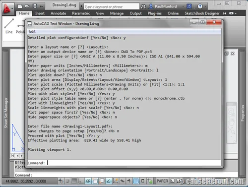 The plot script in the AutoCAD text window