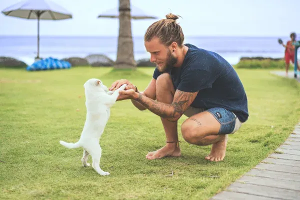 ESA owner training a dog outdoors in a park setting