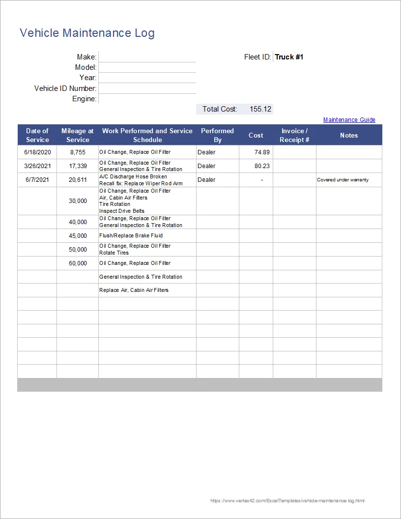 Vehicle maintenance spreadsheet with service records and scheduled repairs