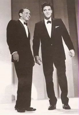 Frank Sinatra and Elvis Presley performing together on the 1960 Timex Special at the Fontainebleau Hotel in Miami