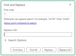 Find and Replace dialog box in Excel with wildcard pattern entered