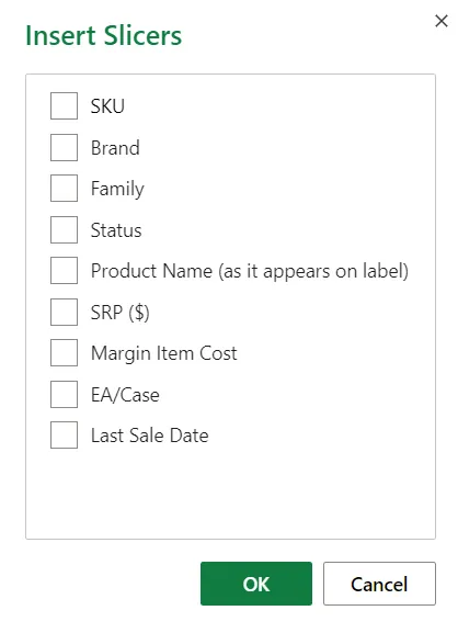 Inserting a slicer in Excel for selected fields