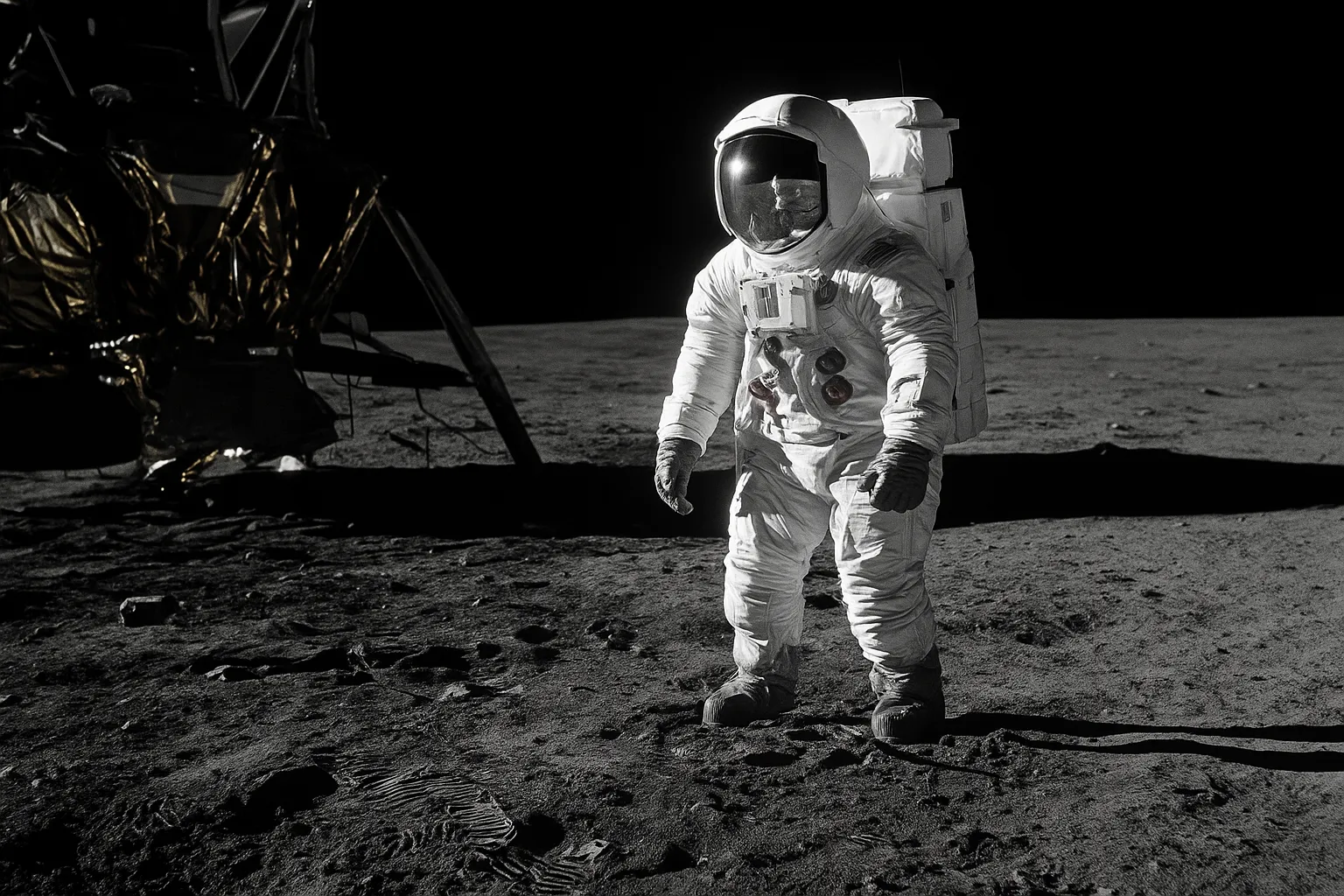 Neil Armstrong standing on the Moon during the Apollo 11 mission, with the lunar module visible in the background