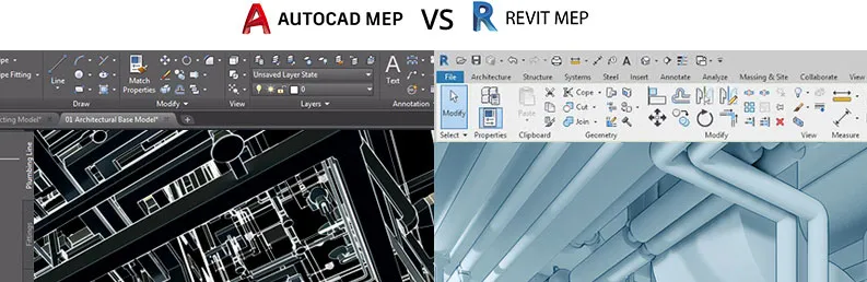 Side-by-side comparison of AutoCAD 2D drawing and Revit MEP 3D BIM model for MEP design