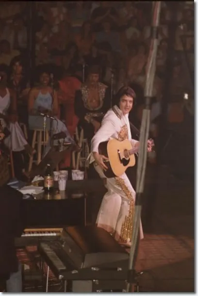 Elvis Presley performing during his final concert in Indianapolis in June 1977