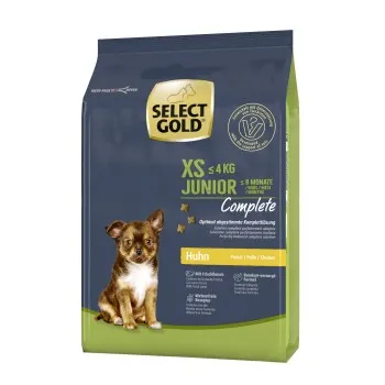Select Gold XS Junior dog food bag for small breeds, featuring a Chihuahua on the front, labeled