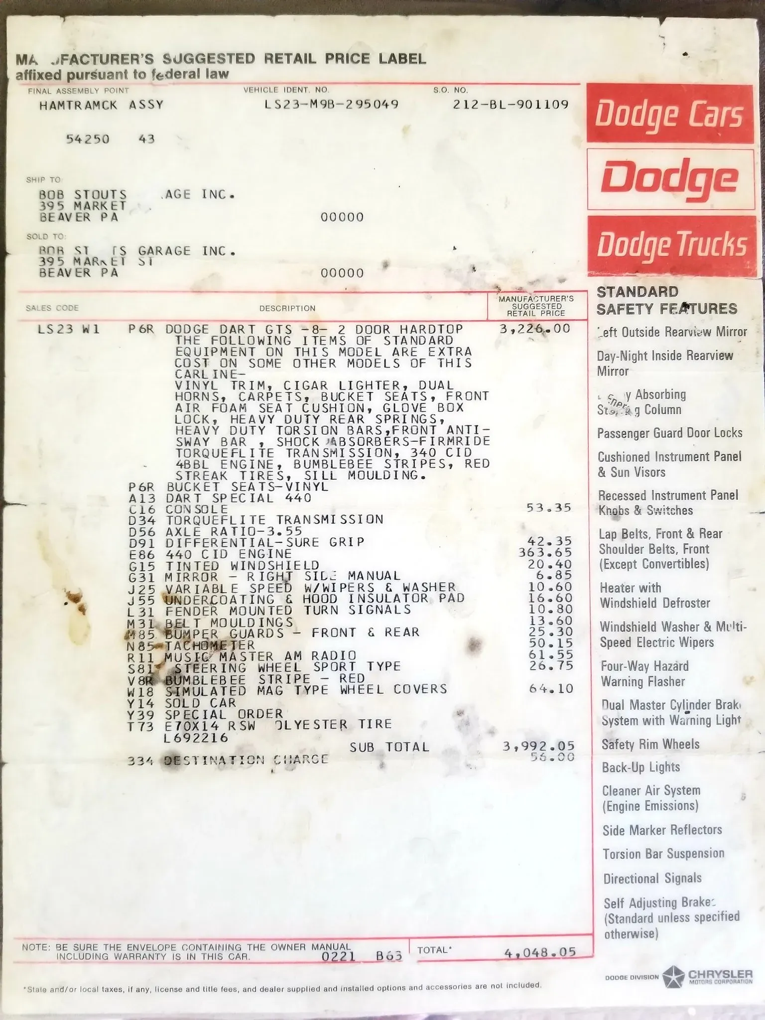 1969 Dodge Dart GTS 440 window sticker and broadcast sheet