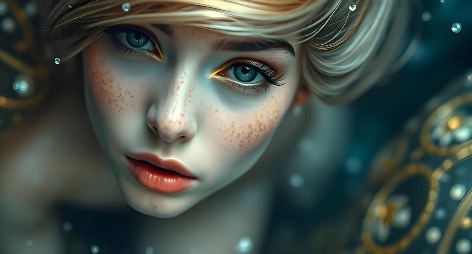 A close-up portrait of a woman styled as a mermaid with freckles and flowing blonde hair, captured in soft, artistic lighting