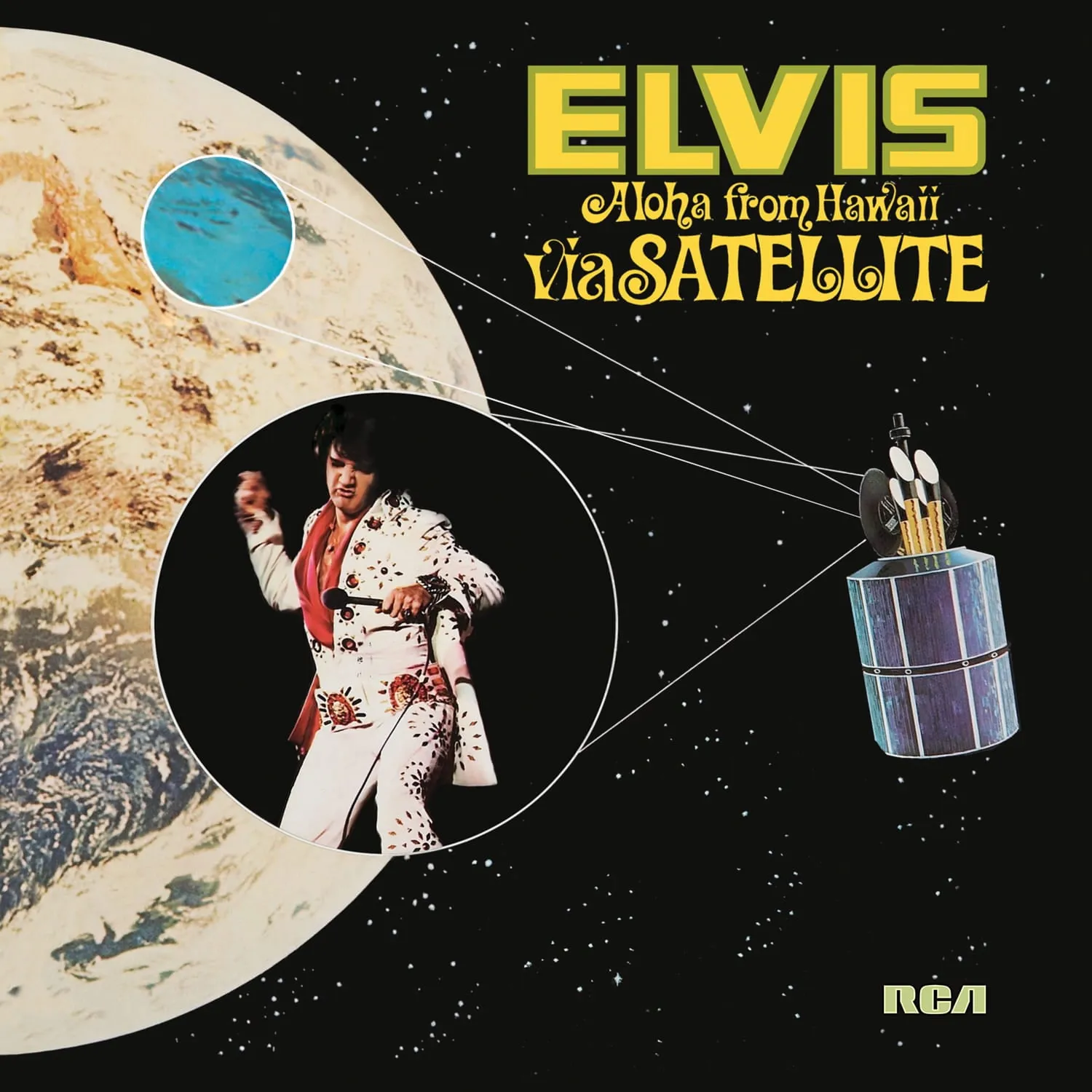 Elvis Aloha from Hawaii album cover showing Elvis in white jumpsuit under blue lighting