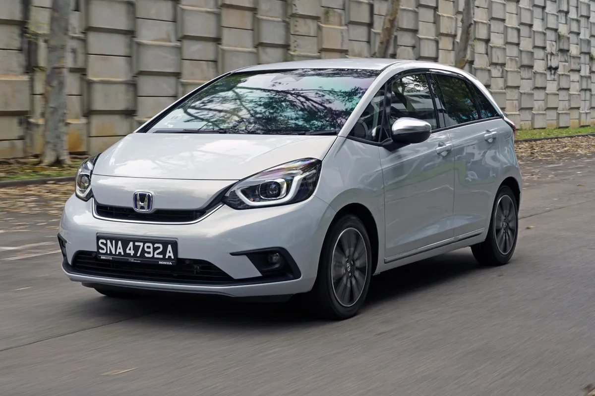 Jazz e:HEV rear three-quarter highlighting compact stance and hybrid badge