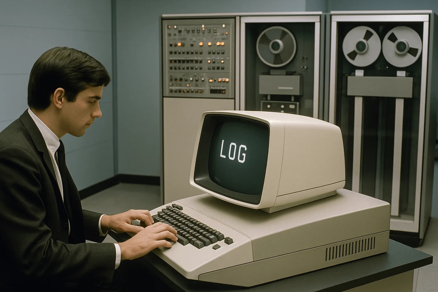 Vintage computer room in 1969 featuring early ARPANET equipment, large mainframe systems, and networking cables