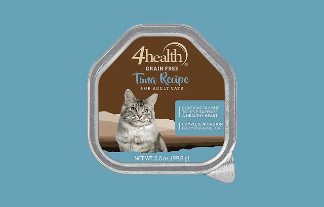 Close-up of 4health Grain-Free Tuna wet cat food packaging showing product presentation