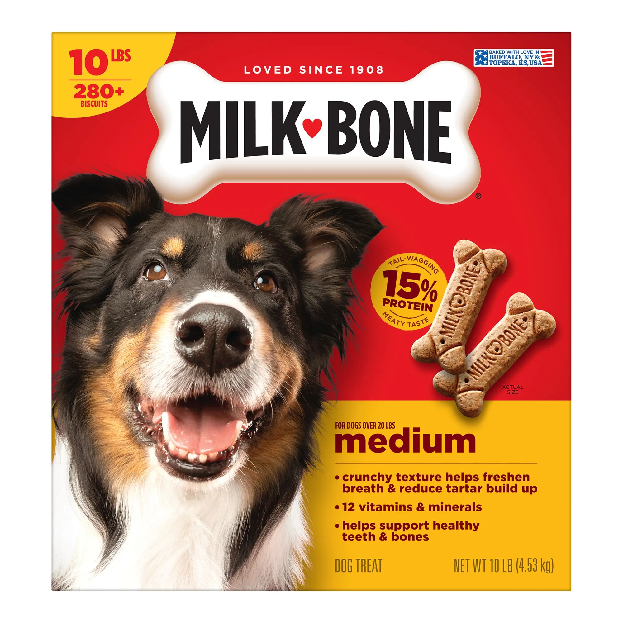 Crunchy Milk-Bone Original dog biscuits in a 10 lb box, perfect for rewarding dogs of all sizes