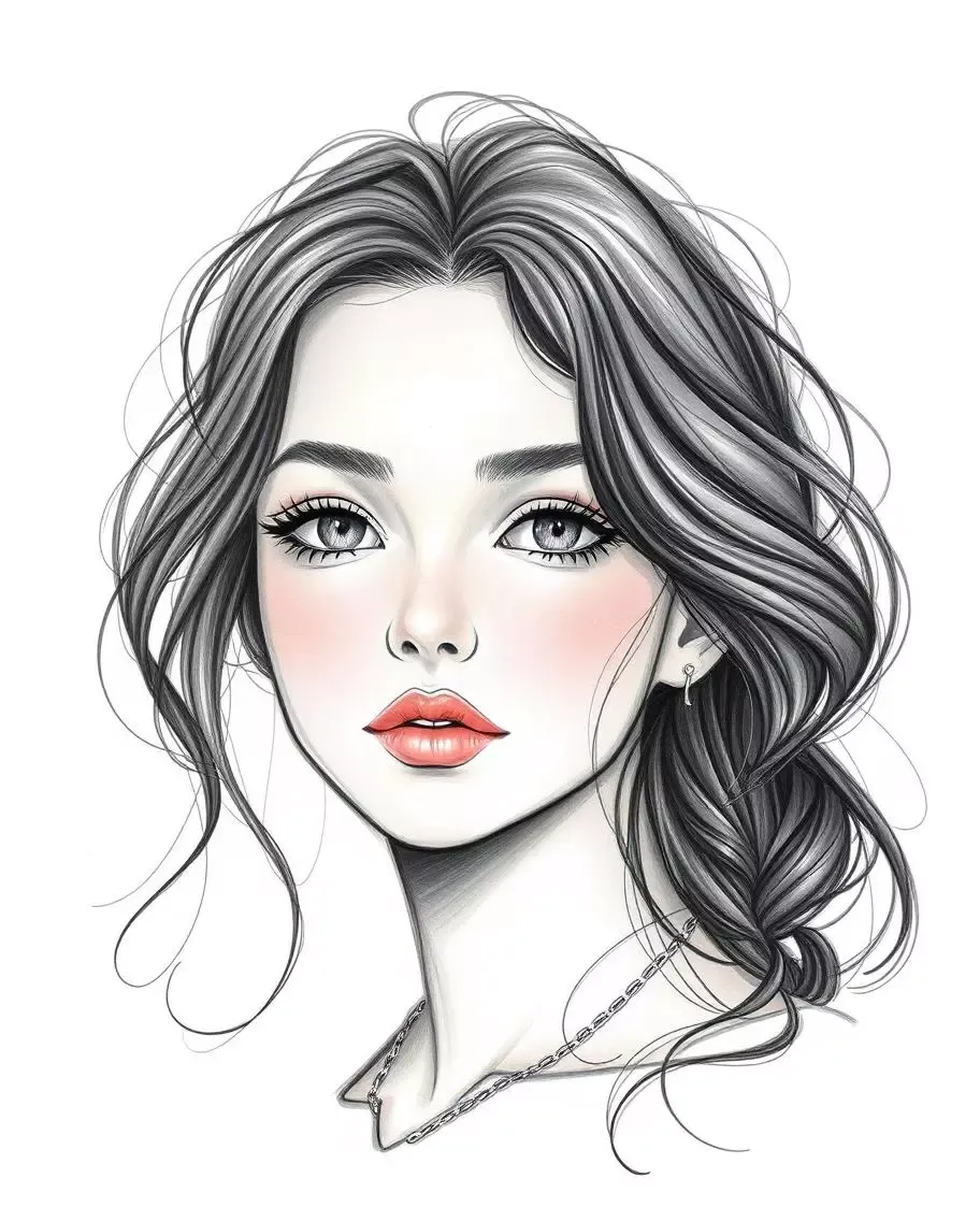 Illustrated female character displaying expressive eyes and a confident smile