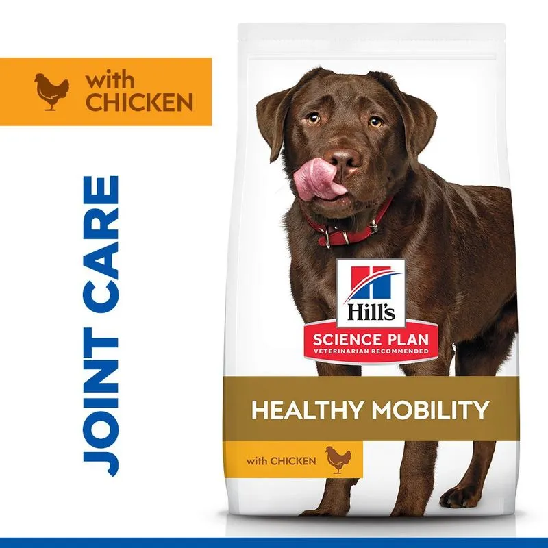 Packaging detail showing ingredient and nutritional claims of Hill's Science Plan Healthy Mobility dog food