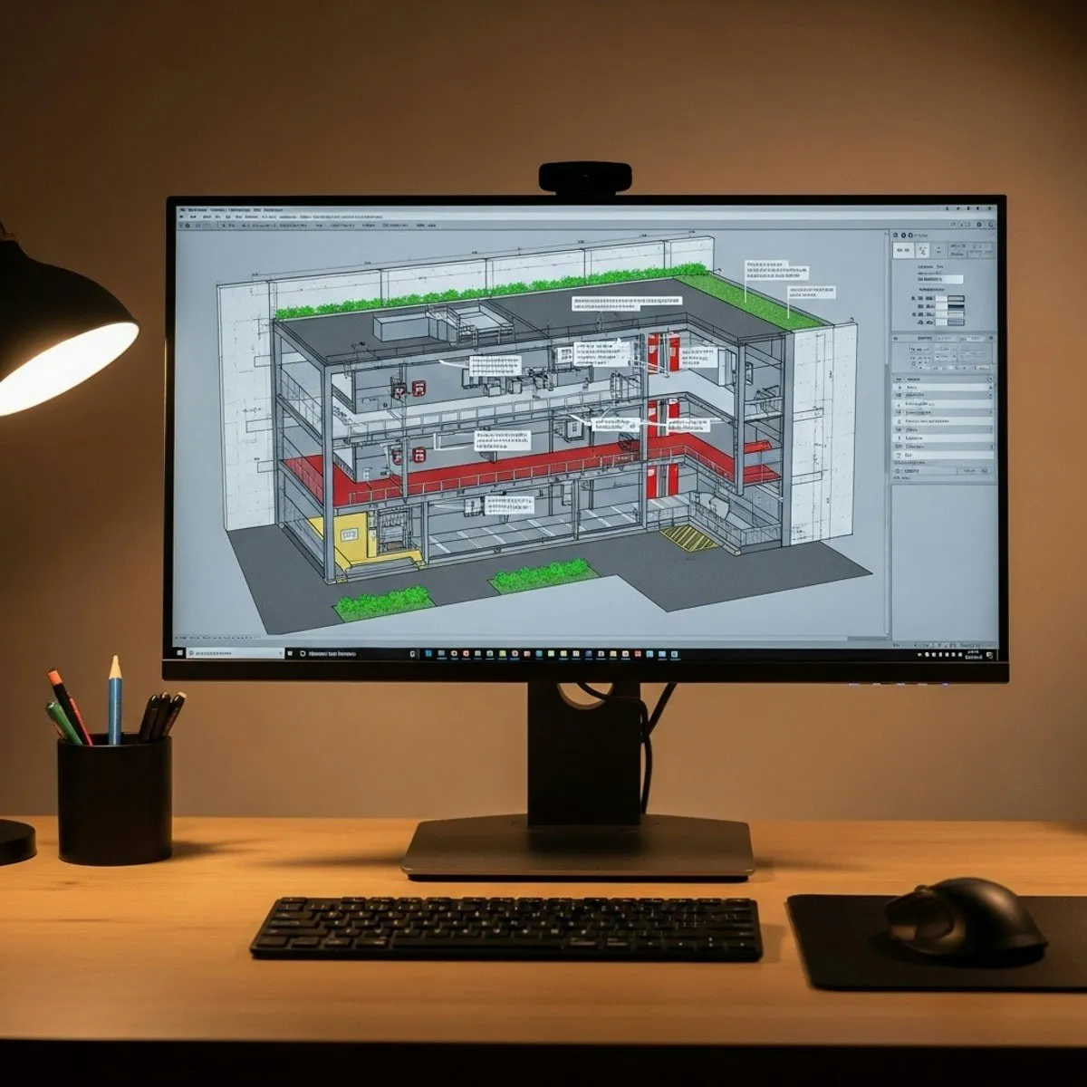 Basement parking layout with circulation planning, fire safety zones, and structural column placement