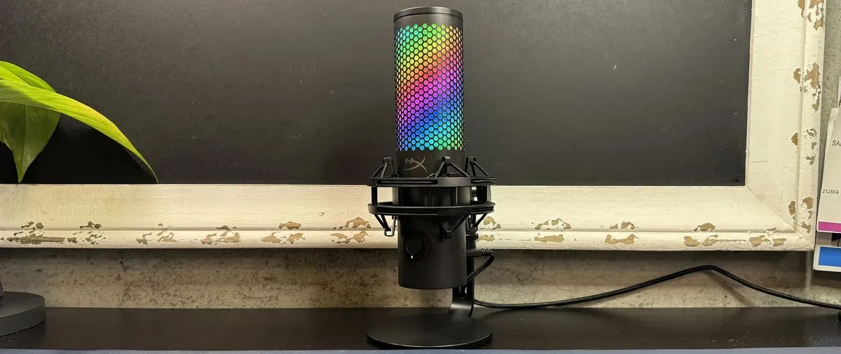 HyperX QuadCast 2 S gaming microphone with RGB lighting and shock mount