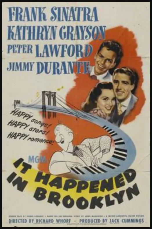 Movie poster for It Happened in Brooklyn, the 1947 romantic comedy starring Frank Sinatra